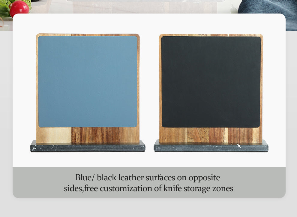 HEZHEN Dual-Side Magnetic Knife Holder with Leather Surfaces | Raw & Cooked Separation | Acacia Wood & Marble Base