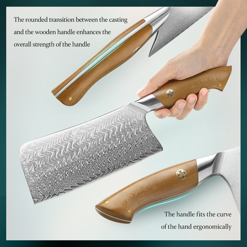 HEZHEN 7 Inches Chinese Bone Choping Knife, 67 Layers Damascus Steel with Linen Micarta Handle, Gift Box Package- B38L Series