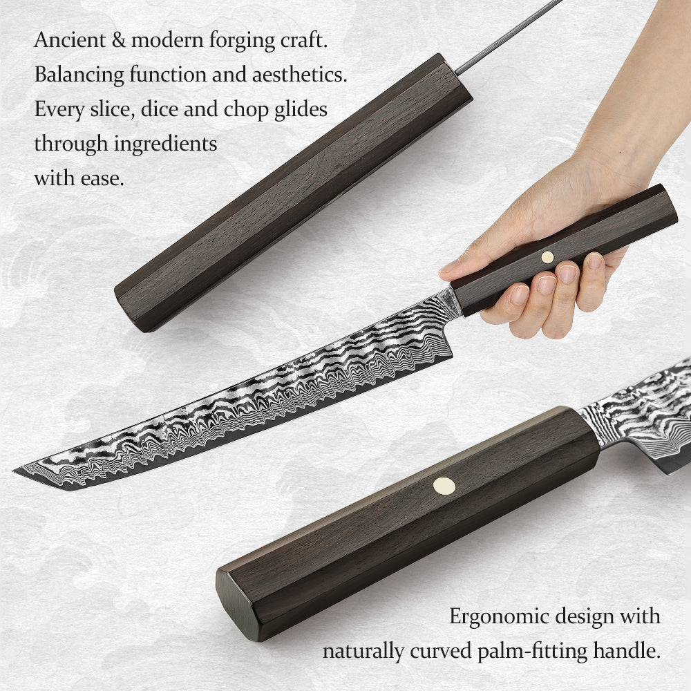 HEZHEN 10 Inch Japanese Sakimaru Knife, 67-layers Damascus Steel, Ergonomic Ebony Wood Handle, Smooth Precision Slicing Kitchen Knife
