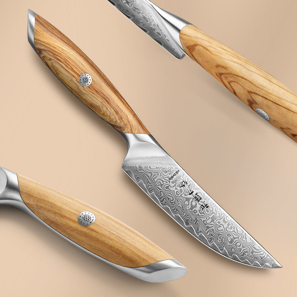 HEZHEN Premium 73-Layer Damascus Steel Steak Knife,ith Ergonomic Olive Wood Handle – Razor-Sharp 15° Edge