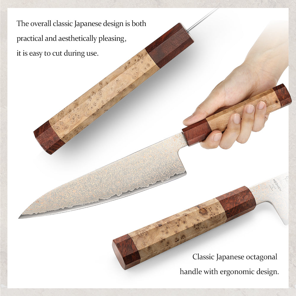 HEZHEN Chef Knife, 37 Tricolor Copper Damascus Steel Kitchen Knife, Professional Cooking Knife with Figured Sycamore Wood + Padauk Burl Wood