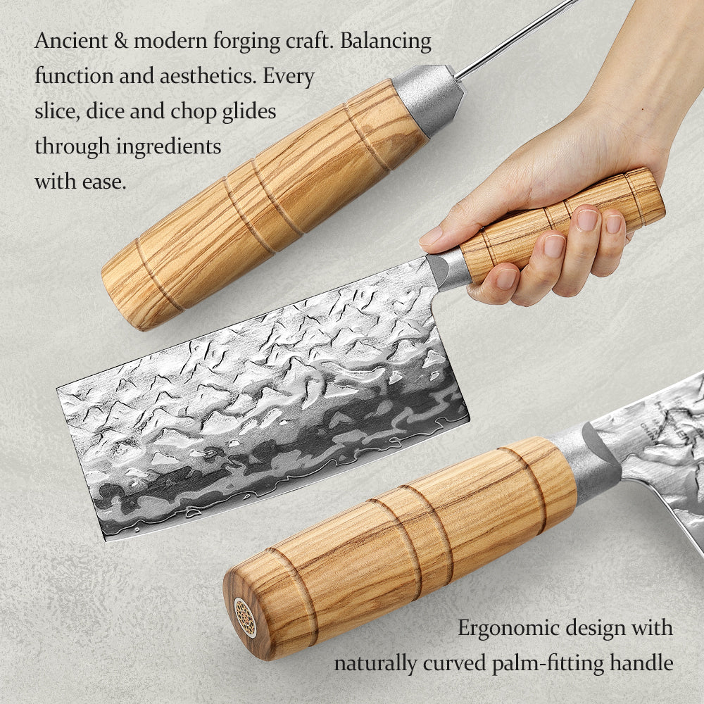 HEZHEN 7.1 Inches Cleaver Knife– 12Cr18MoV Steel Core With Olive Wood Grip Everyday Cooking Knife