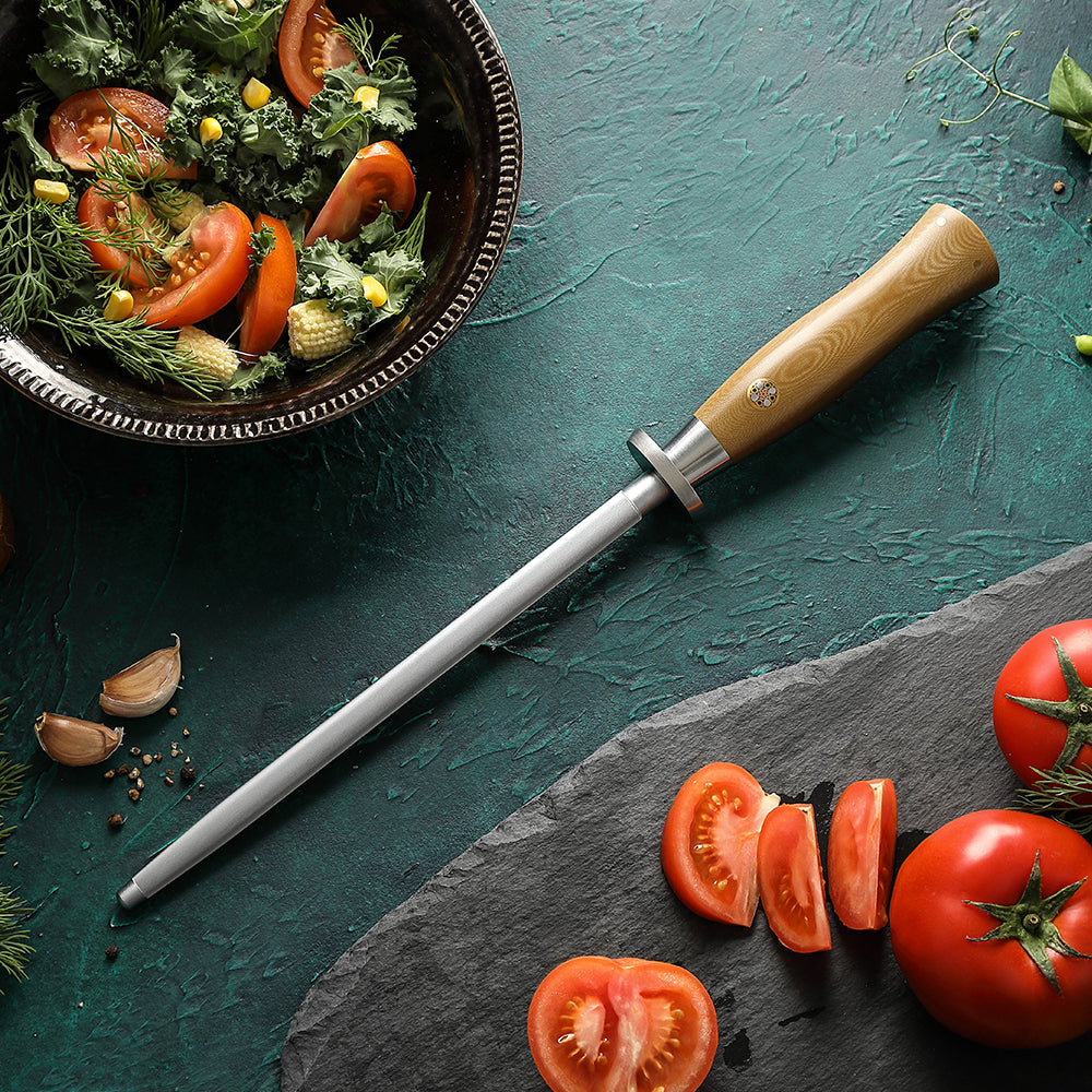 HEZHEN Professional High Carbon Steel Chrome Plated Sharpening Rod with Linen Micarta Ergonomic Handle, Kitchen Knife Honing Steel for Home & Chef Use