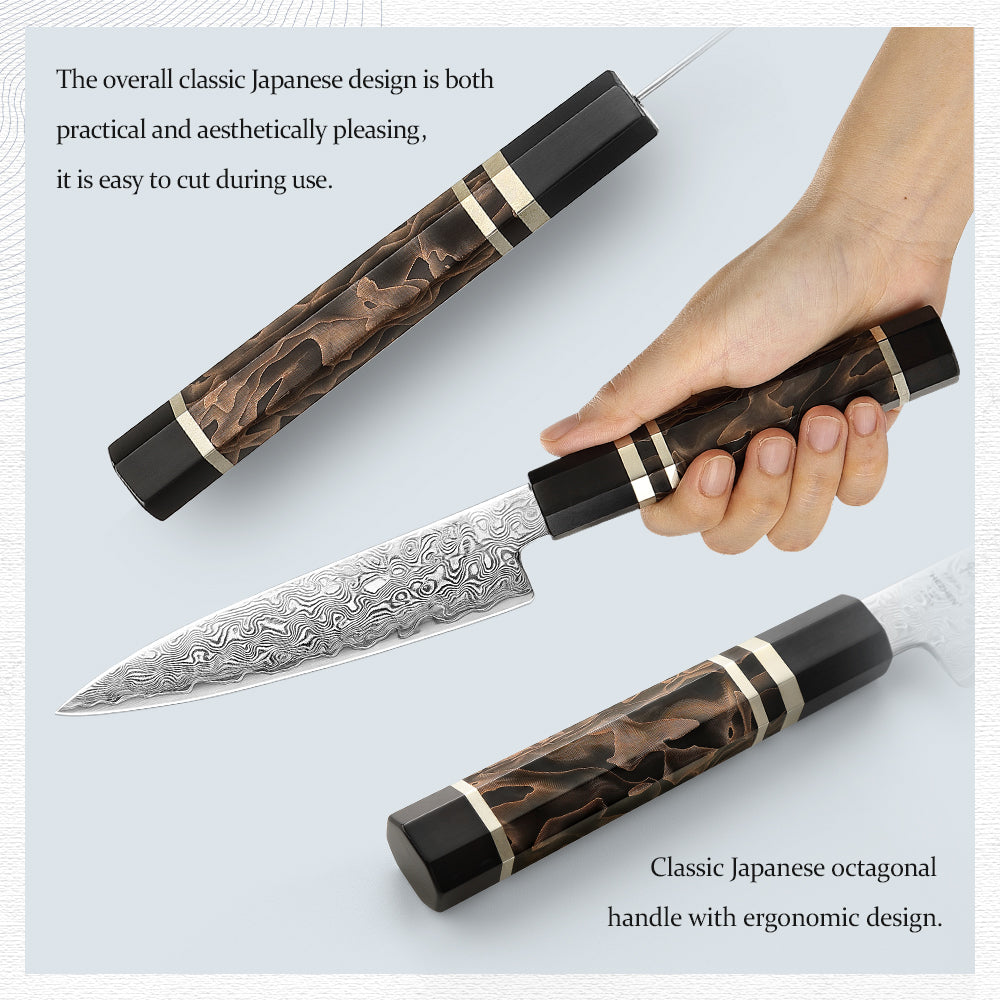HEZHEN 5.6 Inches Kitchen Utility Knife, 49 Layers Damascus Steel with Japanese ZDP-189 Steel, 65-67 HRC, Japanese Octagonal Handle