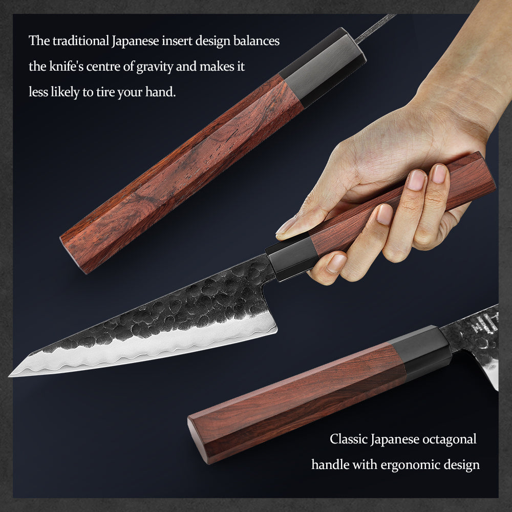 HEZHEN 6 Inches Multipurpose Knife,3 Layers Composite Steel,Stone Washed Frosted Finish,Octagonal Red Wood Handle
