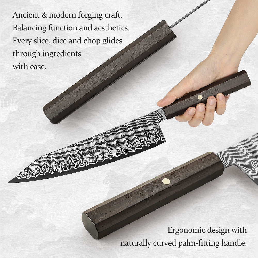 HEZHEN 9.5 Inch  Professional Bunka Knife, 67 Layers Damascus Super Steel, Handcrafted Wave Hammered Pattern