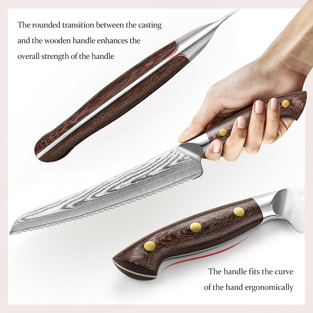 HEZHEN 8.5" 67-Layer Damascus Bread Knife – Core at 60±2HRC, Serrated Edge for Crusty Bread & Cakes, Ergonomic Micarta Handle