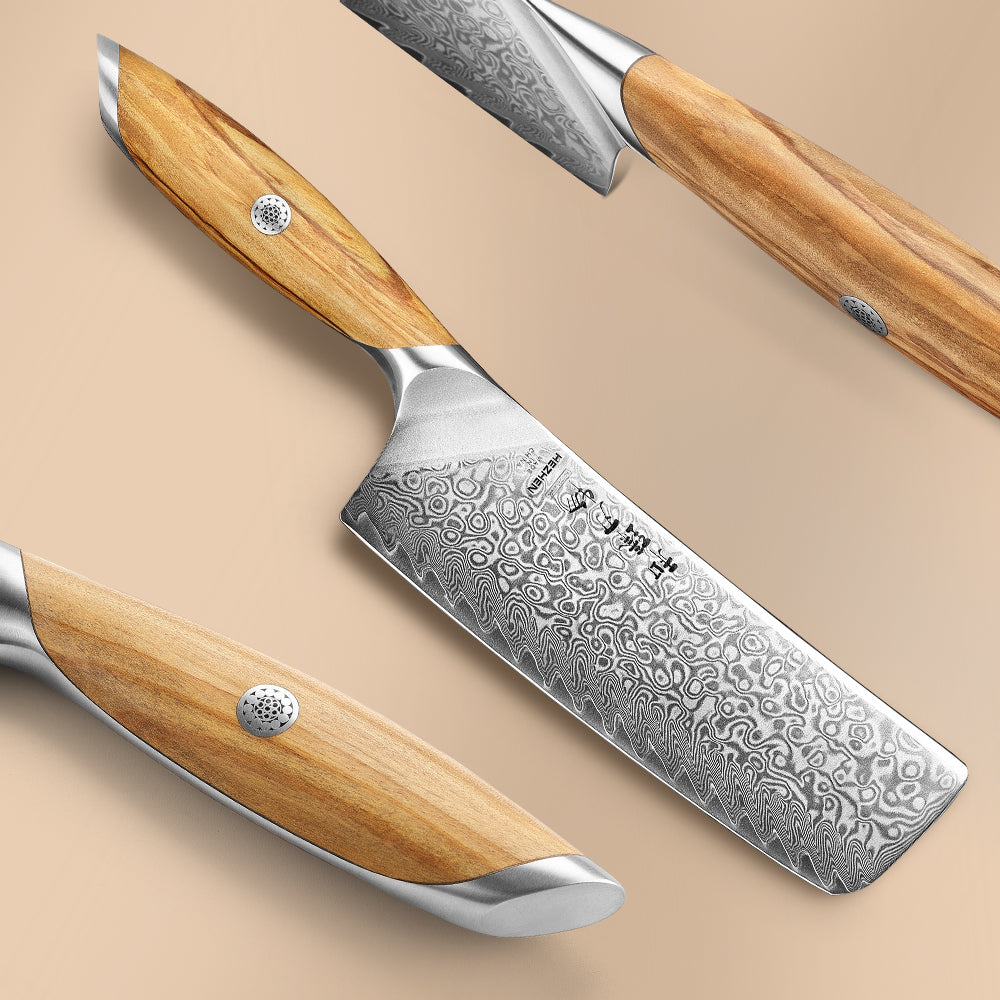 HEZHEN 7 Inches Nakiri Knife, 73 Layers Damascus Powder Steel, Olive Wood Handle, Gift Ready-Flagship Series