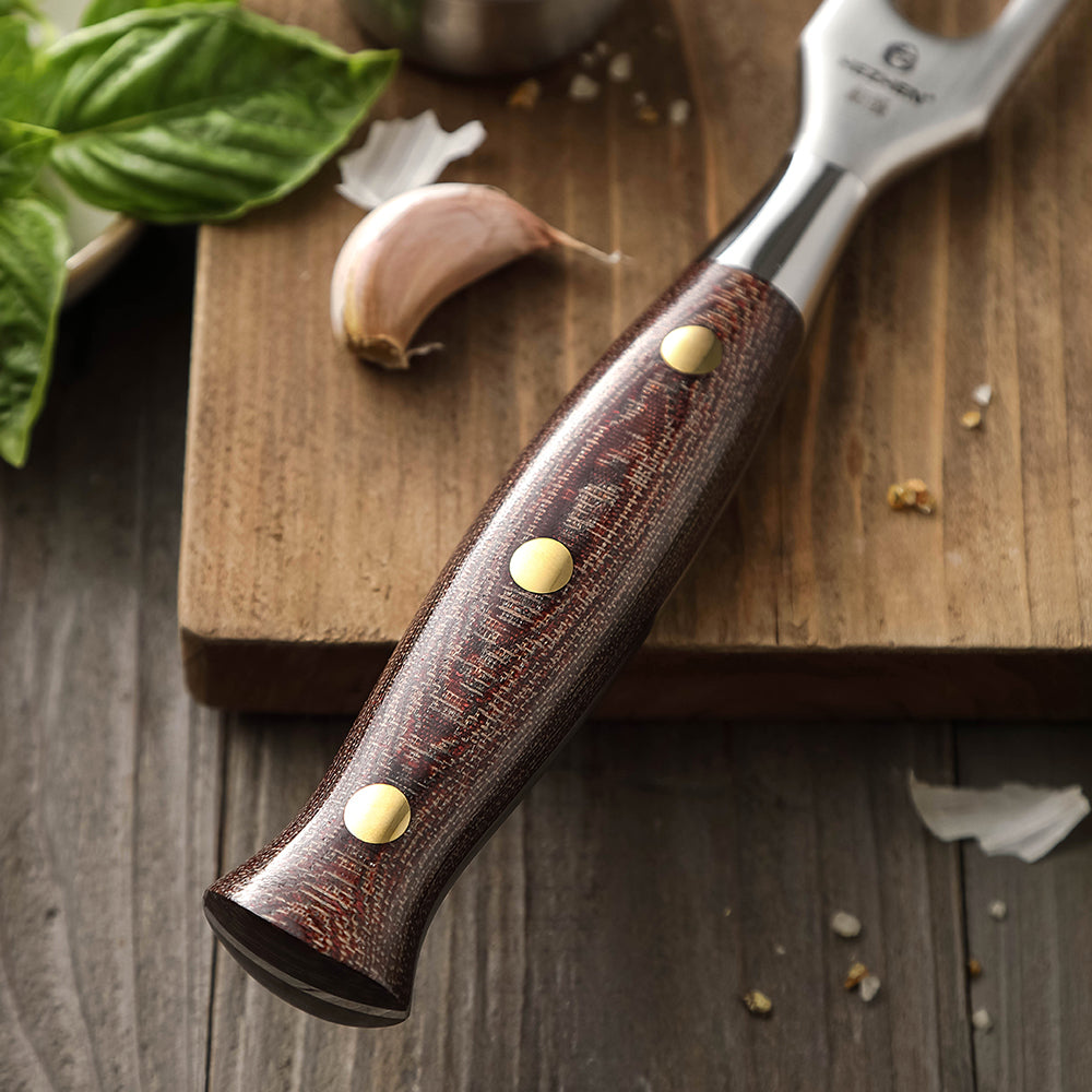 HEZHEN Forged Stainless Steel Carving Fork, Solid 430 Steel Meat Fork with Micarta Handle & Copper Rivets for Turkey Roast & Ham Slicing