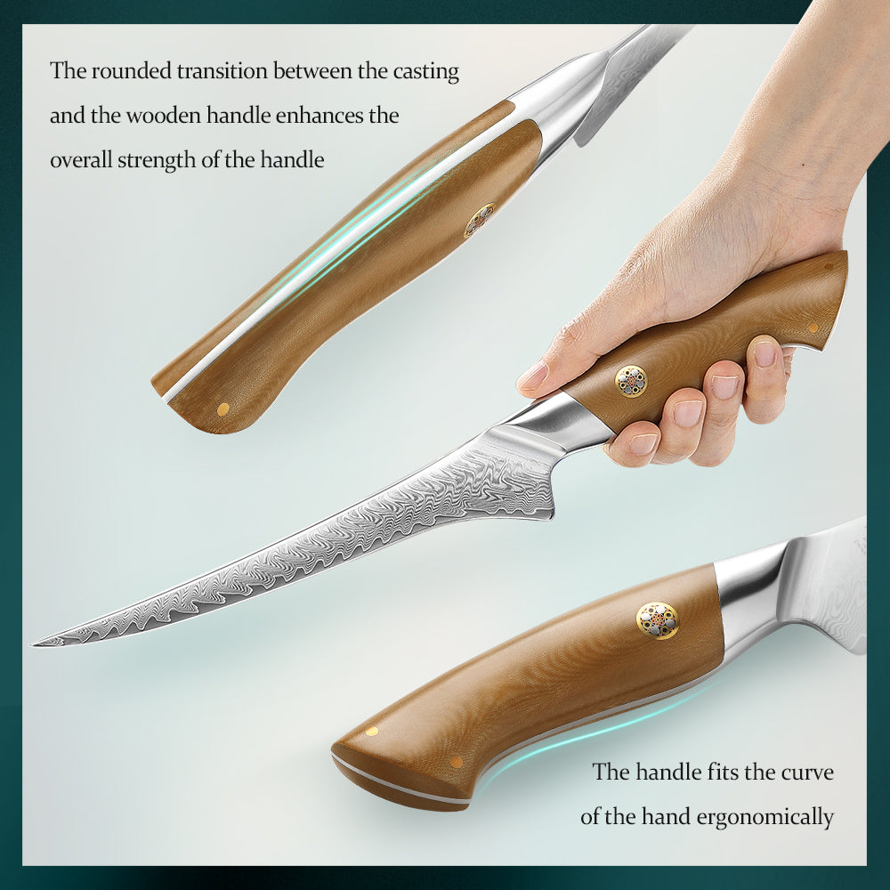 HEZHEN 7.3” 67-layers Damascus Steel Fillet Knife, Hardness 60±2 HRC，Fish Deboning Knife, 15° Precision Edge Linen Micarta Handle Kitchen Knife for Fish Filleting, Peeling and Fruit Cutting