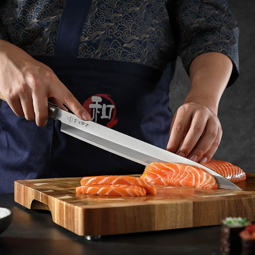 HEZHEN Professional Sashimi Knife 30cm X7Cr17MoV Forged Steel Perfect Balance, Olive Wood Comfort Handle