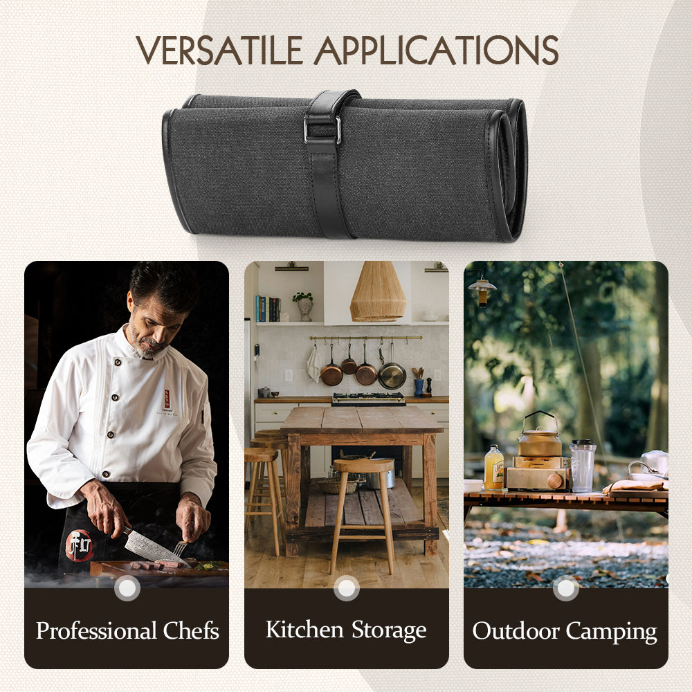 HEZHEN Microfiber Leather + Thickened Canvas  Chef Knife Roll Knife Storage Bag Kitchen Utensils