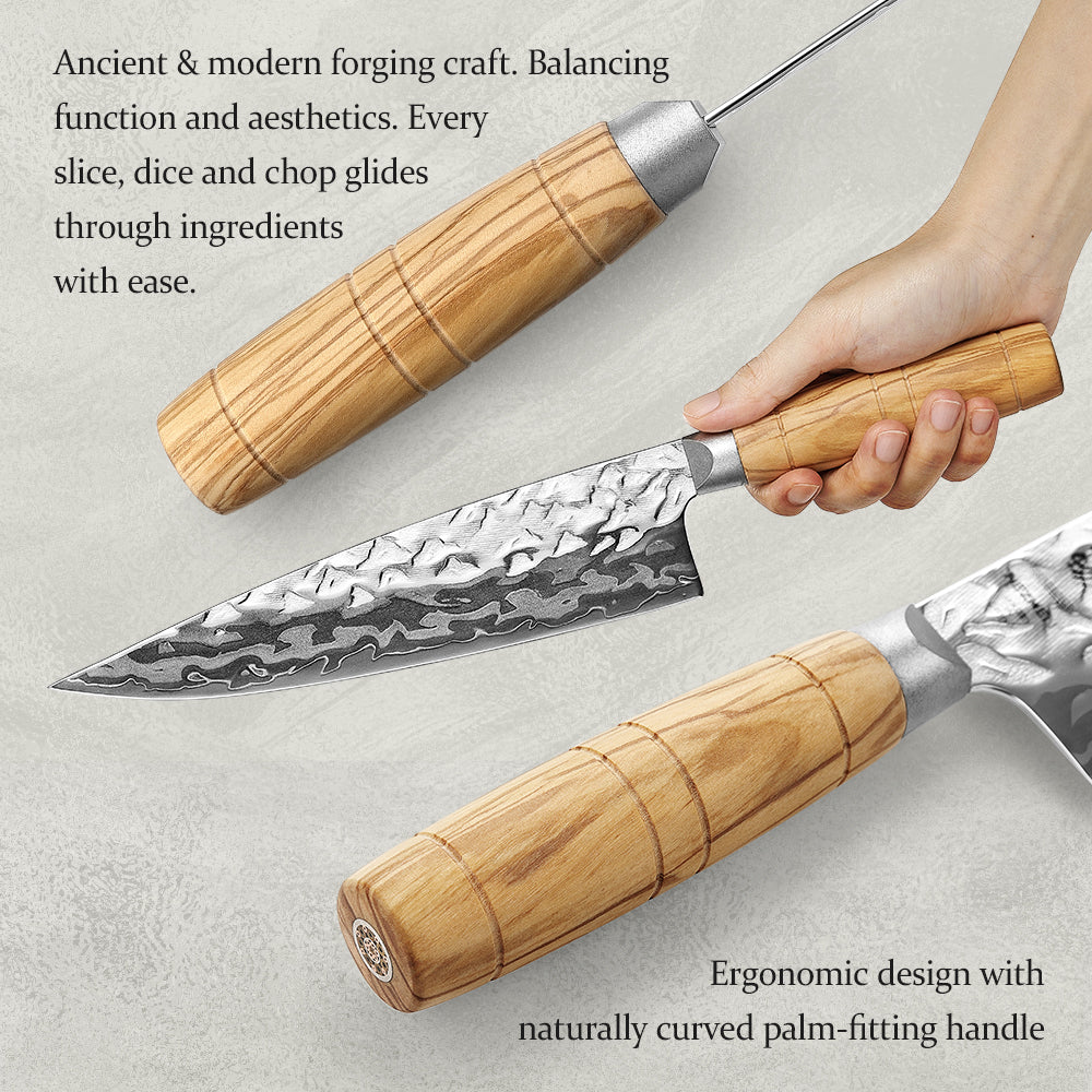 HEZHNE 2PCS Damascus Kitchen Knife Set, 9-Layer Forged 12Cr18MoV Steel Core Ultra Sharp Chef & Utility Knife, 60±2HRC Ergonomic Olive Wood Handle
