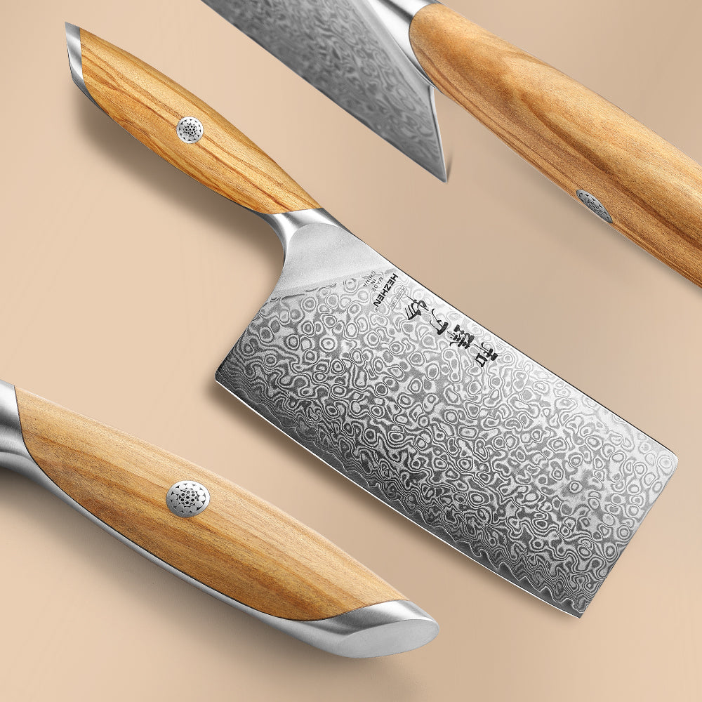 HEZHEN 7 Inches Meat Cleaver Knife, 73 Layers Damascus Powder Steel, Olive Wood Handle, Gift Ready-Flagship Series