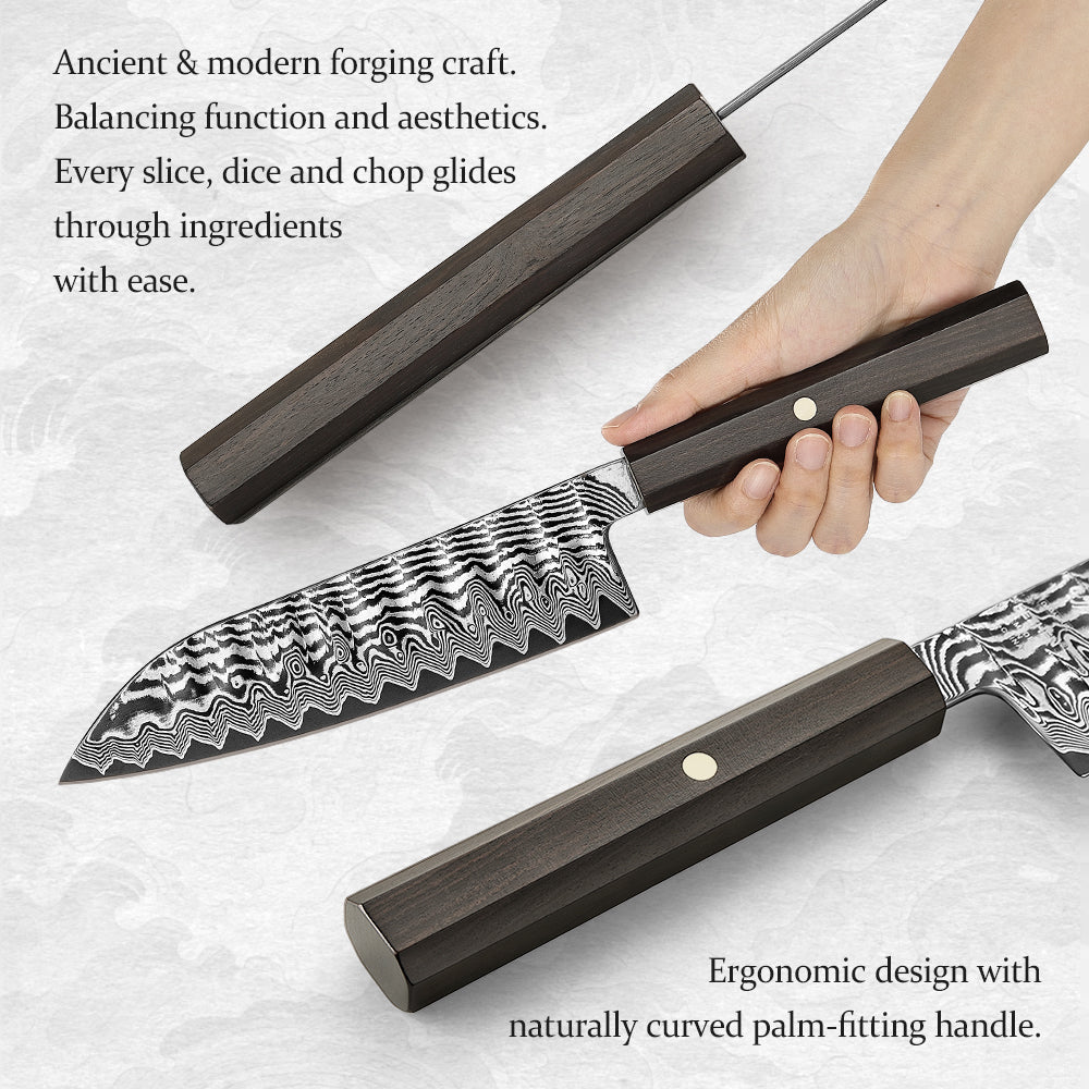 HEZHEN 7.3 Inch Multipurpose Santoku Knife, Hand Forged Damascus Kitchen Knife,15° Precision Edge, Ultra Sharp Balanced Cutting Knife