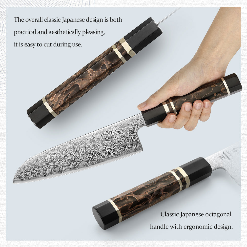 HEZHEN 7.1 Inch Japanese Santoku Knife, 49-Layer Damascus Steel, Hitachi ZDP-189 Powder Steel Core, Luxury Gift Box