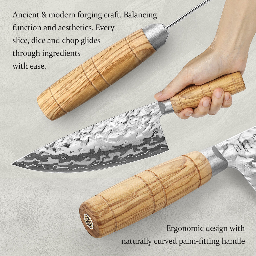 HEZHEN 8.1 Inches Butcher Knife Forged 12Cr18MoV Steel Core,Damascus Steel Blade,Ergonomic Olive Wood Handle,High Hardness Sharp Meat Cutting Knife