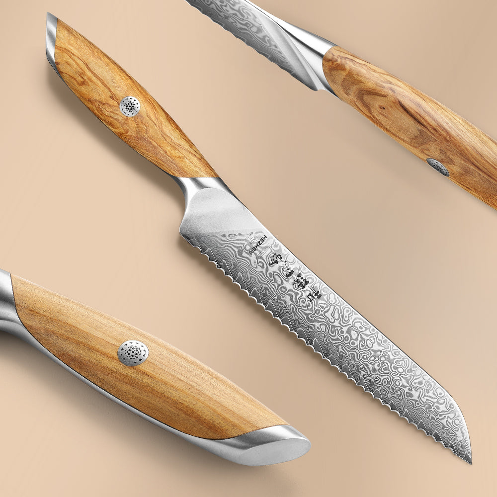 HEZHEN 8.5  Inches Serrated Bread Knife, 73 Layers Damascus Powder Steel, Olive Wood Handle, Gift Ready-Flagship Series