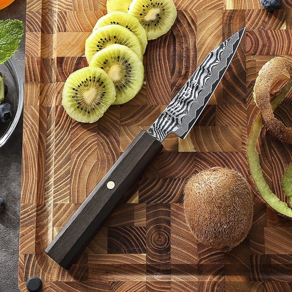 HEZHEN 4.1 Inch Damascus Paring Knife, 67-Layer Damascus Steel, Hand Forged Kitchen Fruit Knife, Ebony Wood Octagonal Ergonomic Handle