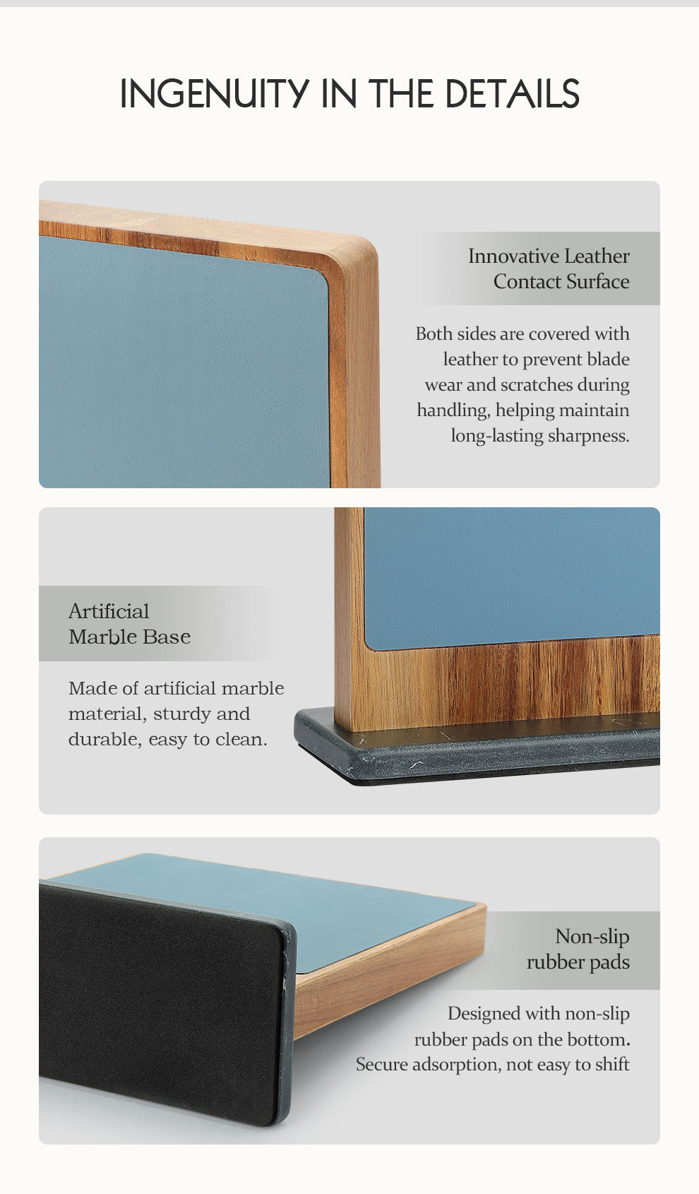 HEZHEN Dual-Side Magnetic Knife Holder with Leather Surfaces | Raw & Cooked Separation | Acacia Wood & Marble Base