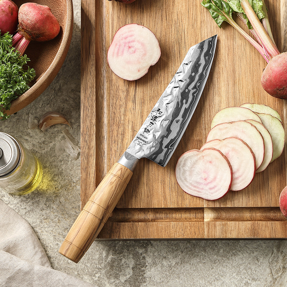 HEZHEN Damascus 5.9" Santoku Kitchen Knife, 9-Layer Forged 12Cr18MoV Steel,All-in-One Cutter for Meat, Fish & Vegetables