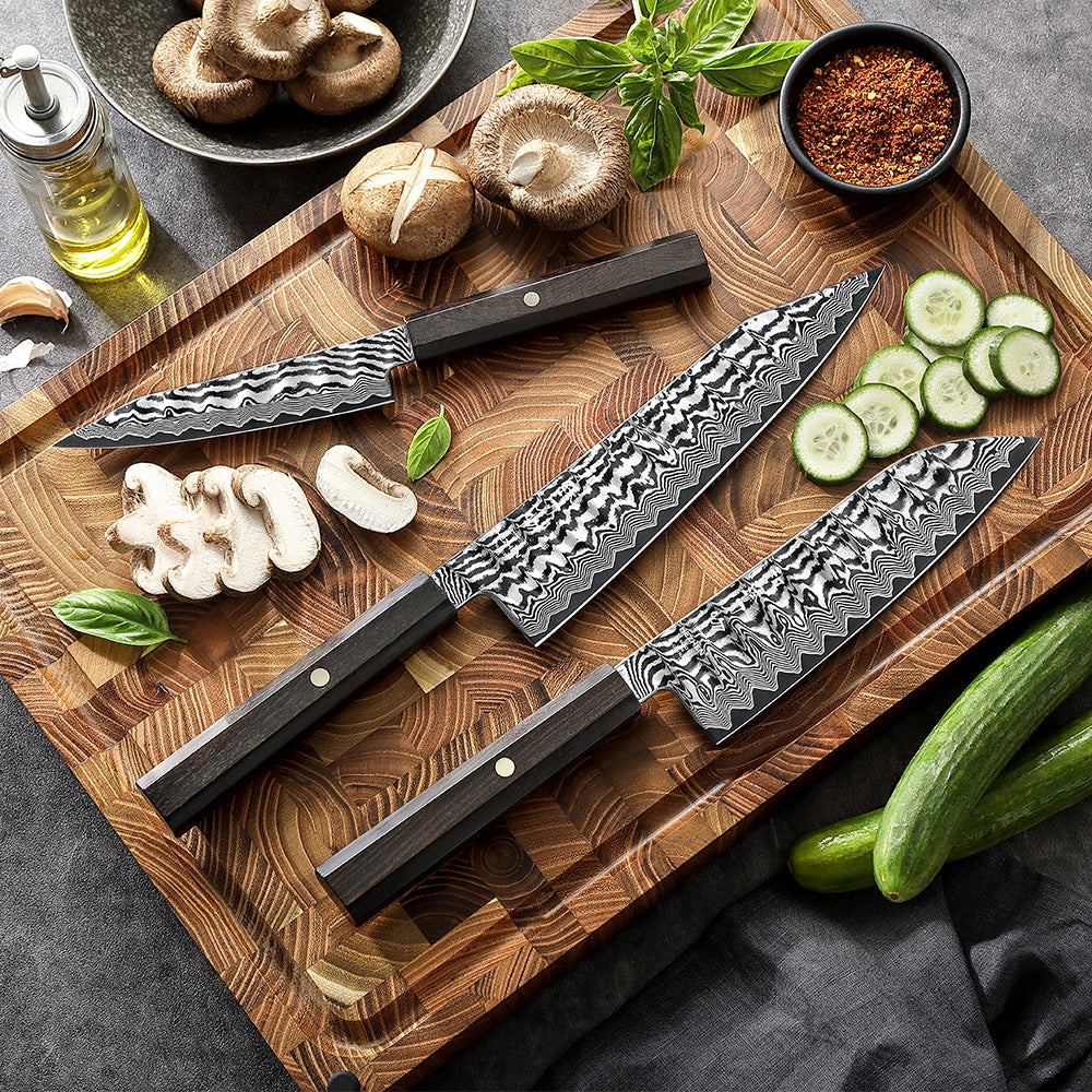 HEZHEN 3PCS Damascus Kitchen Knife Set, Utility + Santoku + Bunka Knife, 10Cr15CoMoV Steel Core, Unique Wavy Hammered Pattern