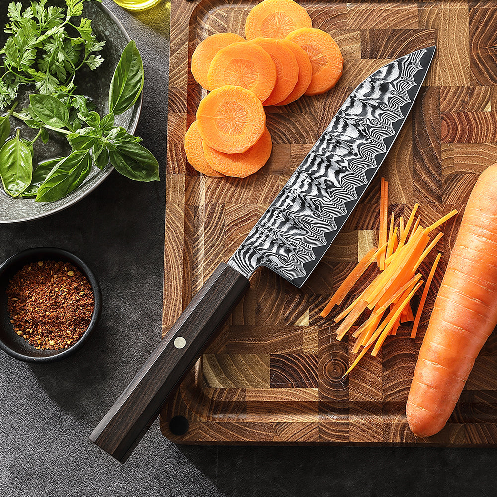 HEZHEN 7.3 Inch Multipurpose Santoku Knife, Hand Forged Damascus Kitchen Knife,15° Precision Edge, Ultra Sharp Balanced Cutting Knife