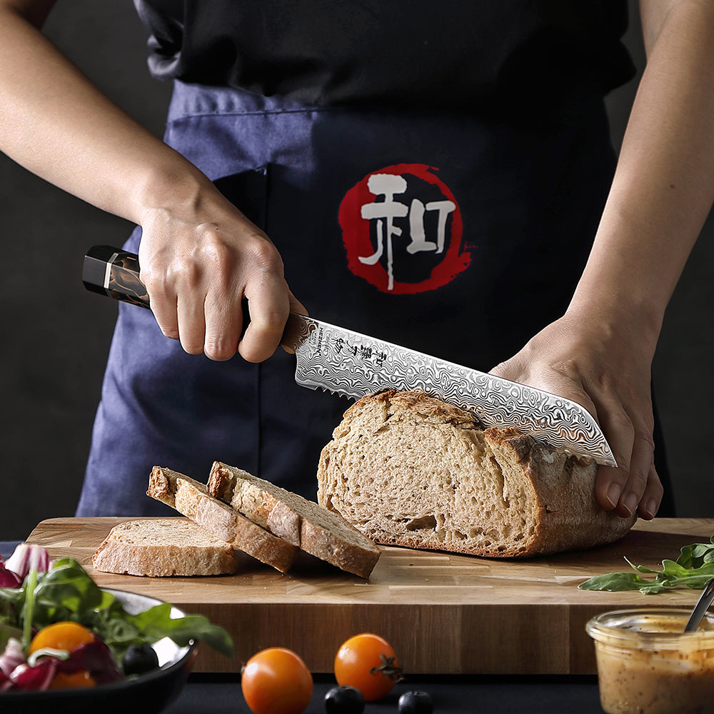 HEZHEN 8.3 Inch Serrated Bread Knife 49-Layer Hitachi ZDP-189 Damascus Steel, Japanese Octagonal Ergonomic Resin Handle