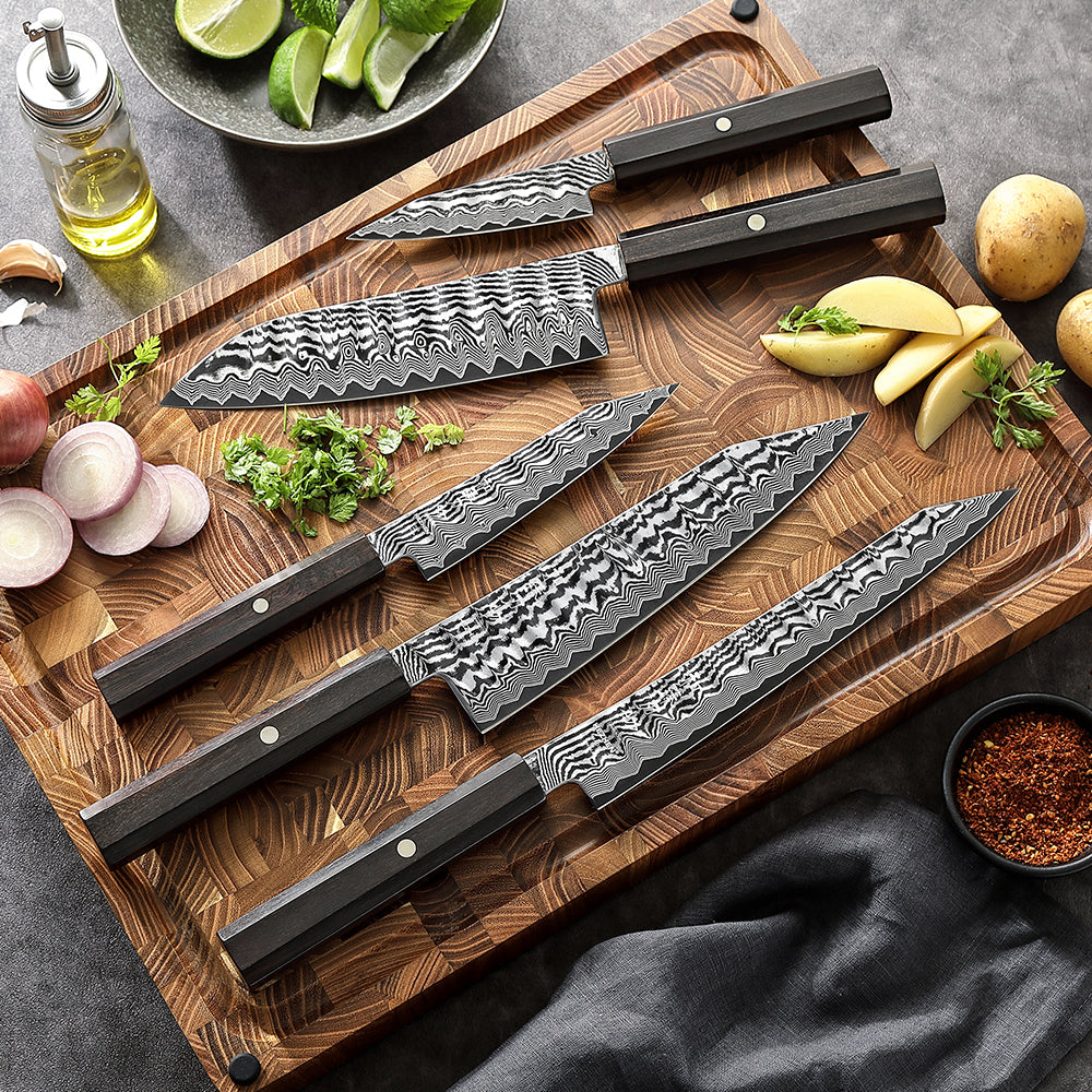 HEZHEN 67-Layer Damascus Steel Knife Set 5PCS - 60±2HRC Hardness, 10Cr15CoMoV Steel Core Kitchen Chef Knife Set for Daily Cooking Food Prep & Premium Gifting