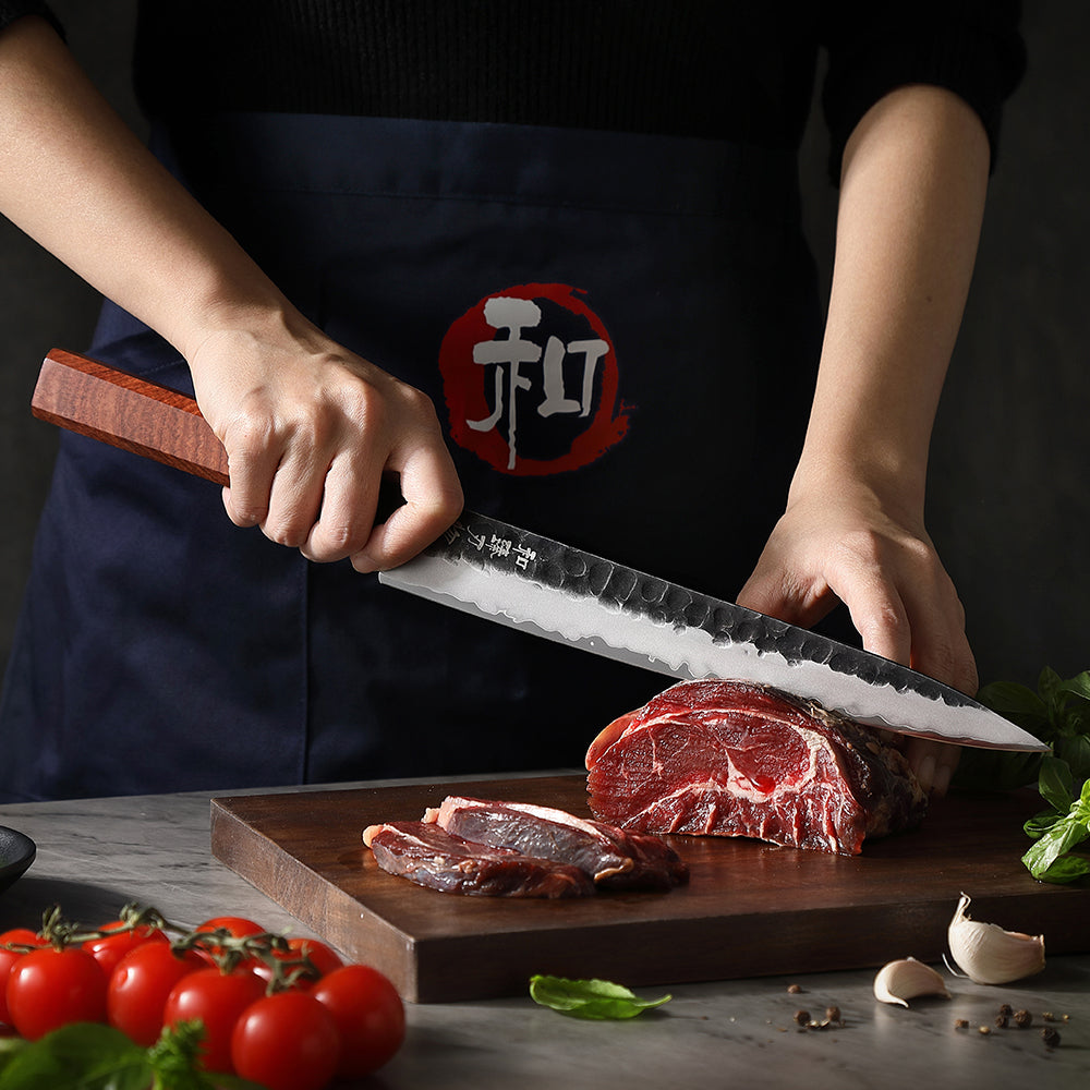 HEZHEN 10 Inches Carving Knife 3 Layers Composite Steel High-hardness Kitchen Knife Red Wood Handle