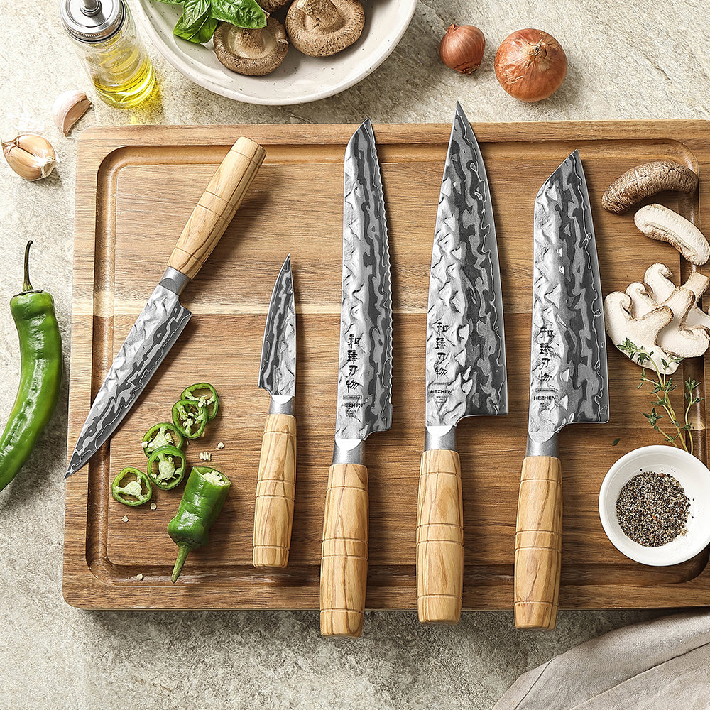 HEZHEN Professional 5PCS Kitchen Knife Set,9-Layer Damascus Steel,High Quality Olive Wood Handle,Multi-Purpose Kitchen Knives