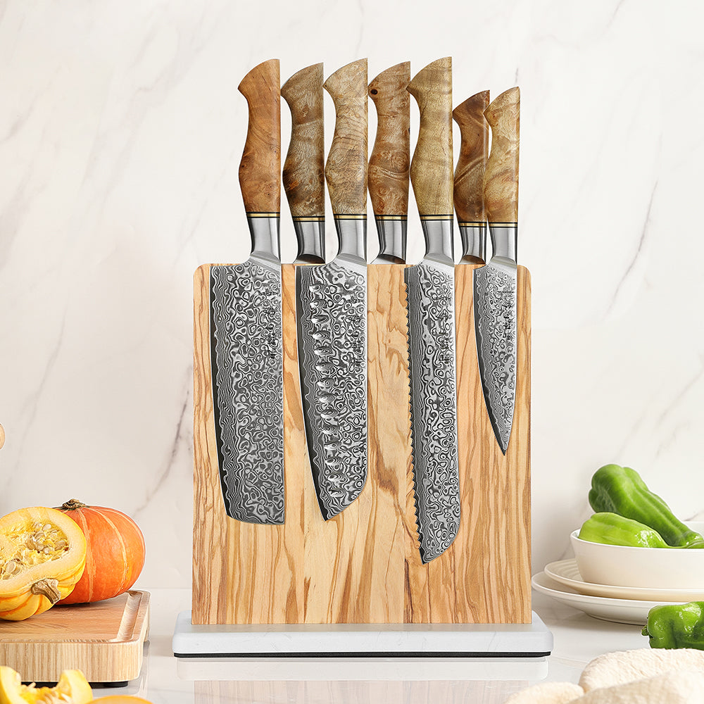 HEZHEN Dual-Side Magnetic Knife Holder | Olive Wood & Marble Base | Raw & Cooked Separation Design