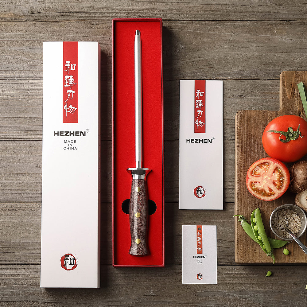 HEZHEN Premium Professional Sharpening Rod – High-Carbon Steel Honing Rod with Diamond Grit Coating, Ergonomic Micarta Handle & Copper Rivets