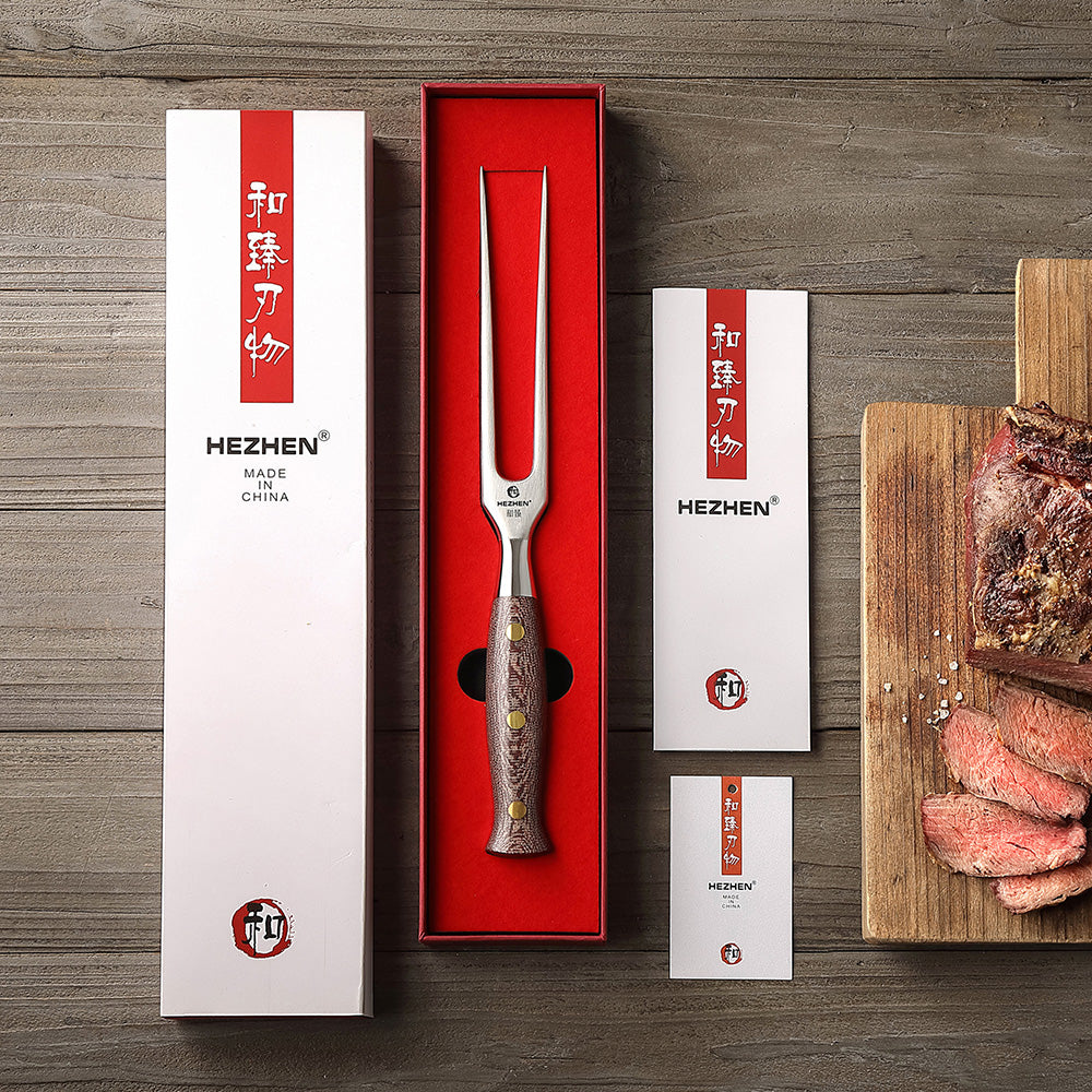 HEZHEN Forged Stainless Steel Carving Fork, Solid 430 Steel Meat Fork with Micarta Handle & Copper Rivets for Turkey Roast & Ham Slicing