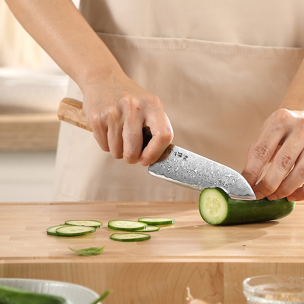 HEZHEN 5.5 Inch Japanese Santoku Knife, Blue Steel No.2 Carbon Steel Core Damascus Blade, Figured Sycamore Wood Handle