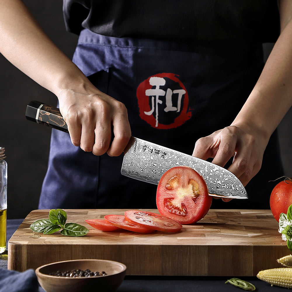 HEZHEN 7.1 Inch Japanese Santoku Knife, 49-Layer Damascus Steel, Hitachi ZDP-189 Powder Steel Core, Luxury Gift Box