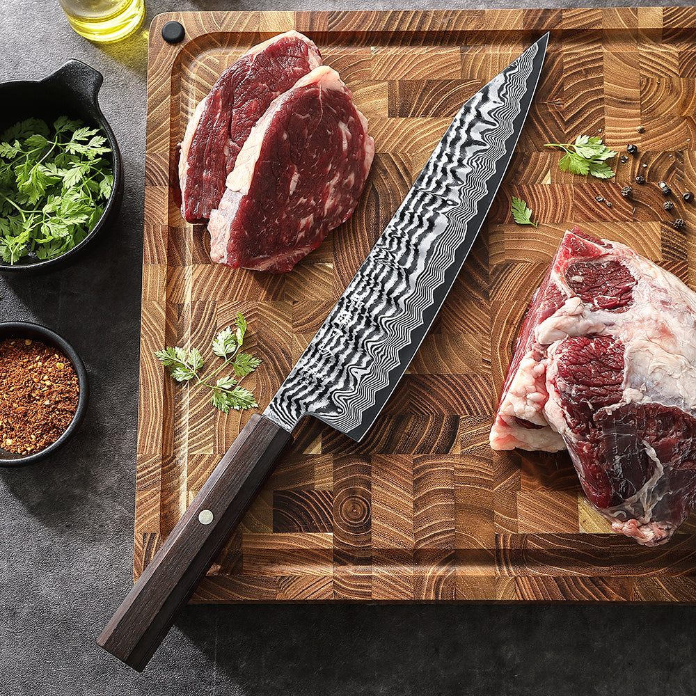 HEZHEN 9.5 Inch  Professional Bunka Knife, 67 Layers Damascus Super Steel, Handcrafted Wave Hammered Pattern