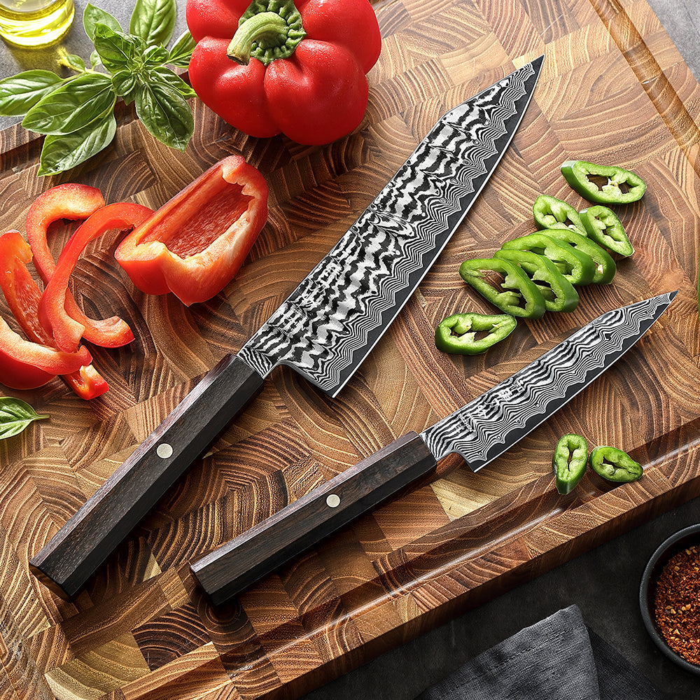 HEZHEN 2PCS Kitchen Knife Set, 67 Layers Damascus Steel With 10Cr15CoMoV Steel Core, Utility+Chef Knife,Household Cooking & Premium Gift Set