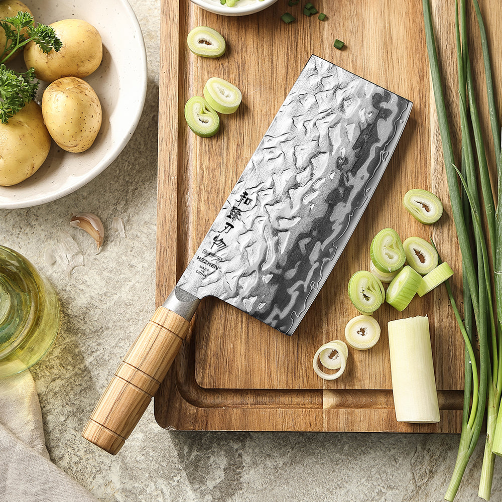 HEZHEN 7.1 Inches Cleaver Knife– 12Cr18MoV Steel Core With Olive Wood Grip Everyday Cooking Knife