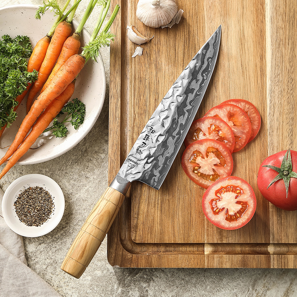 HEZHEN Premium 9‑Layer Damascus Chef‘s Knife – 12Cr18MoV Core, Olive Wood Handle & Ergonomic Relief