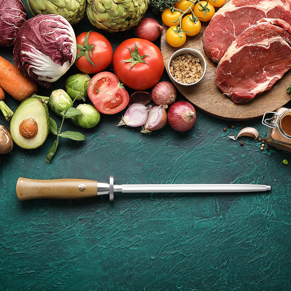 HEZHEN Professional High Carbon Steel Chrome Plated Sharpening Rod with Linen Micarta Ergonomic Handle, Kitchen Knife Honing Steel for Home & Chef Use