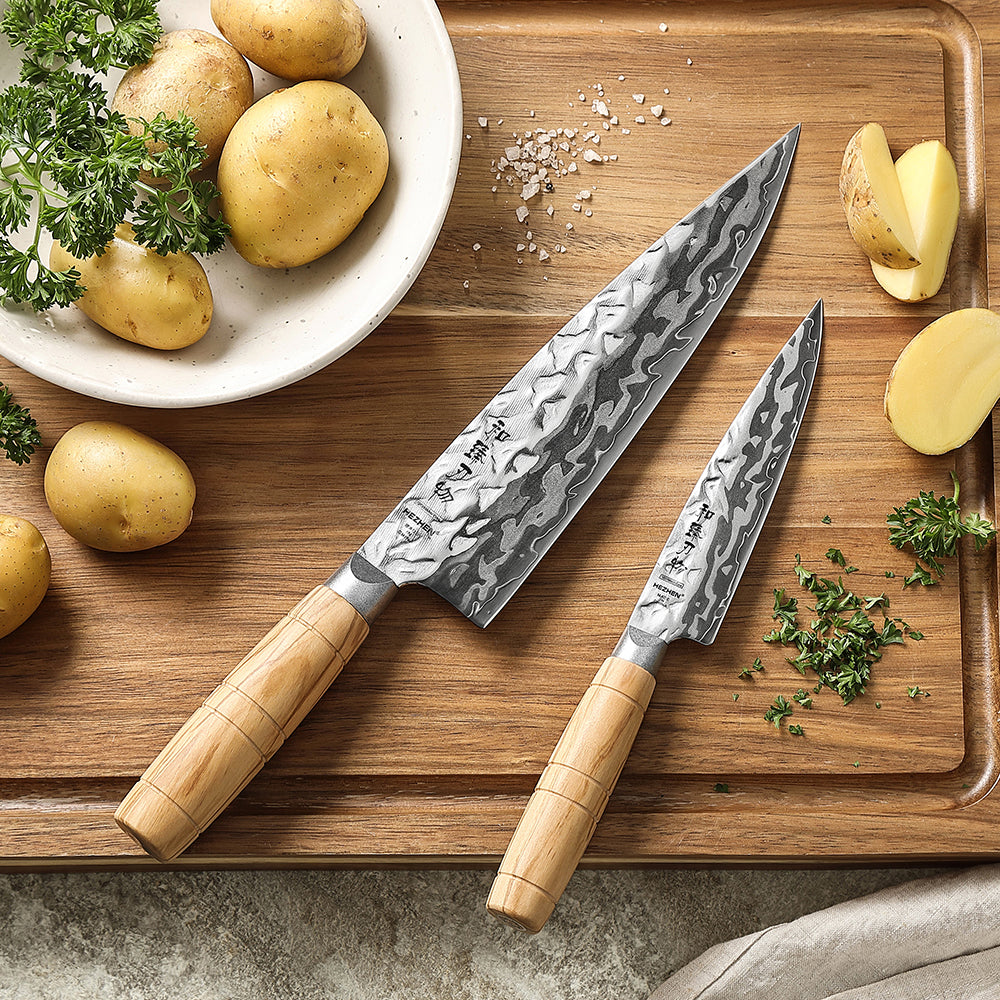 HEZHNE 2PCS Damascus Kitchen Knife Set, 9-Layer Forged 12Cr18MoV Steel Core Ultra Sharp Chef & Utility Knife, 60±2HRC Ergonomic Olive Wood Handle