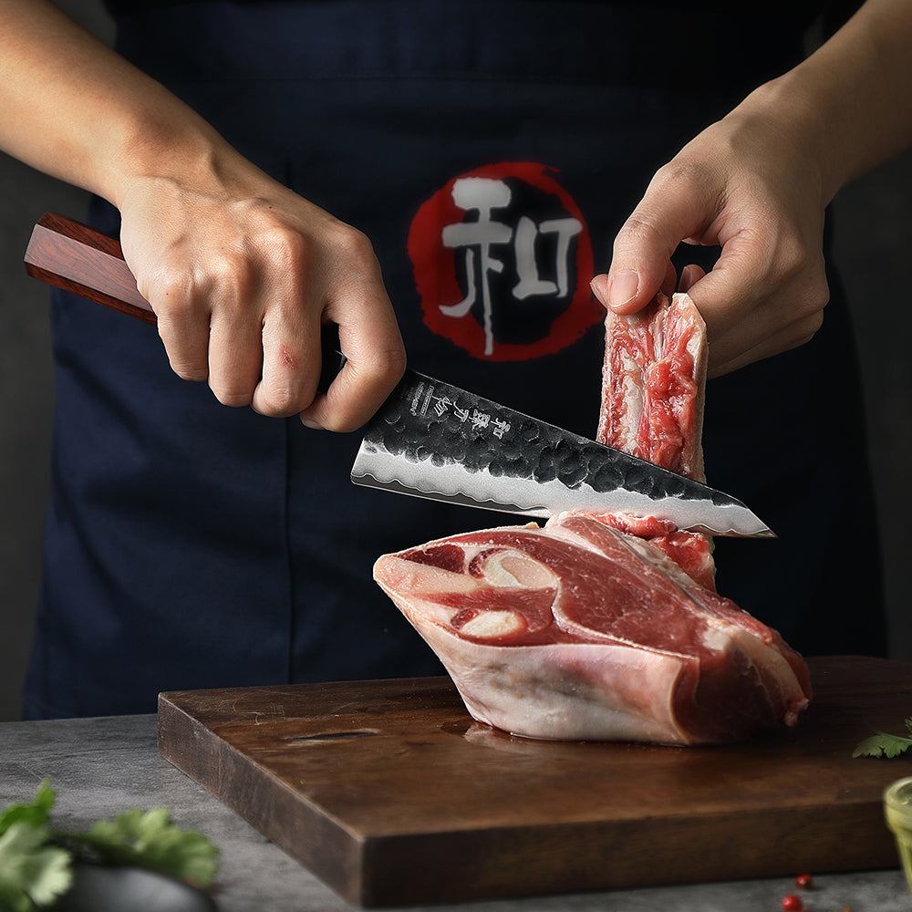 HEZHEN 6 Inches Multipurpose Knife,3 Layers Composite Steel,Stone Washed Frosted Finish,Octagonal Red Wood Handle