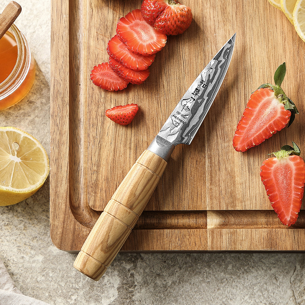 HEZHEN 9-Layer Forged Damascus Paring Knife, 12Cr18MoV Steel 60±2HRC Sharp Fruit Knife, Ergonomic Olive Wood Handle for Peeling & Slicing