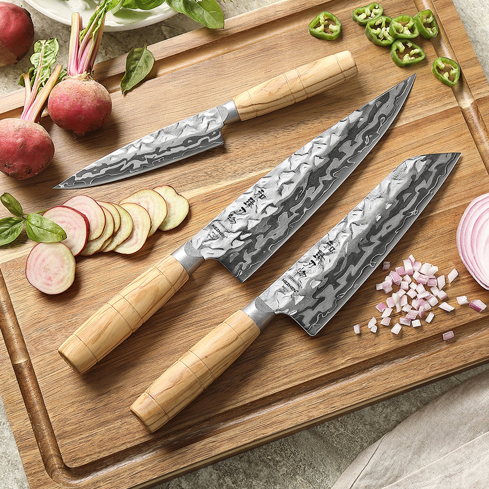 HEZHEN 3PCS Kitchen Knife Set, 9-Layer Damacus Steel Chef Santoku Utility Knife, Wooden Handle Design,Kitchen Cooking Knives