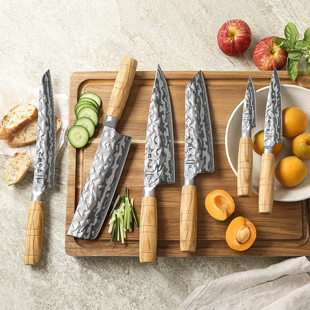 HEZHEN 6-Piece Damascus Knife Set,Forged 12Cr18MoV Core Damascus Steel,Mountain And River Pattern