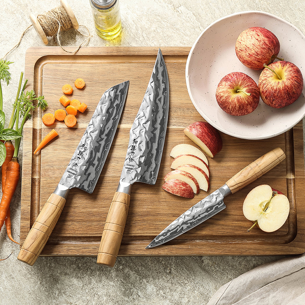 HEZHEN 3PCS Forged Damascus Knife Set, 12Cr18MoV Steel Core, Premium Olive Wood Handle with Copper Rivet, Home Cooking