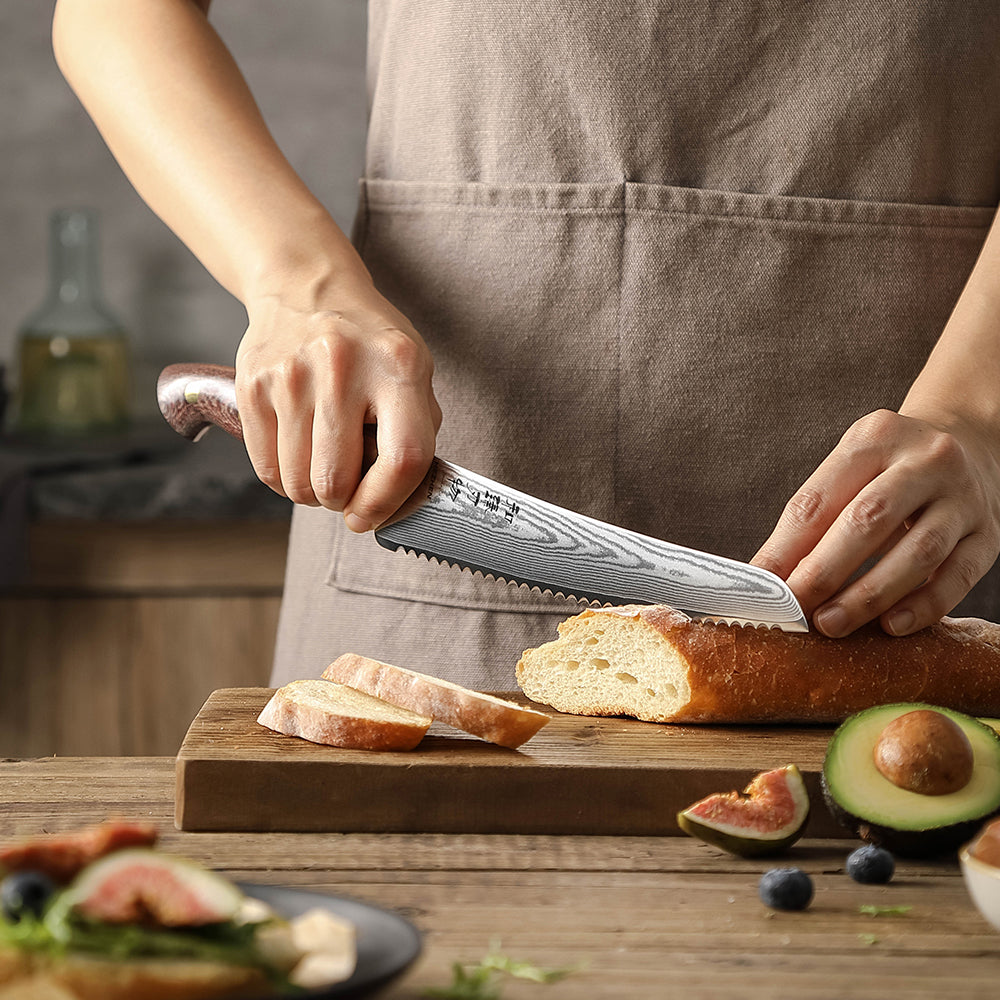 HEZHEN 8.5" 67-Layer Damascus Bread Knife – Core at 60±2HRC, Serrated Edge for Crusty Bread & Cakes, Ergonomic Micarta Handle