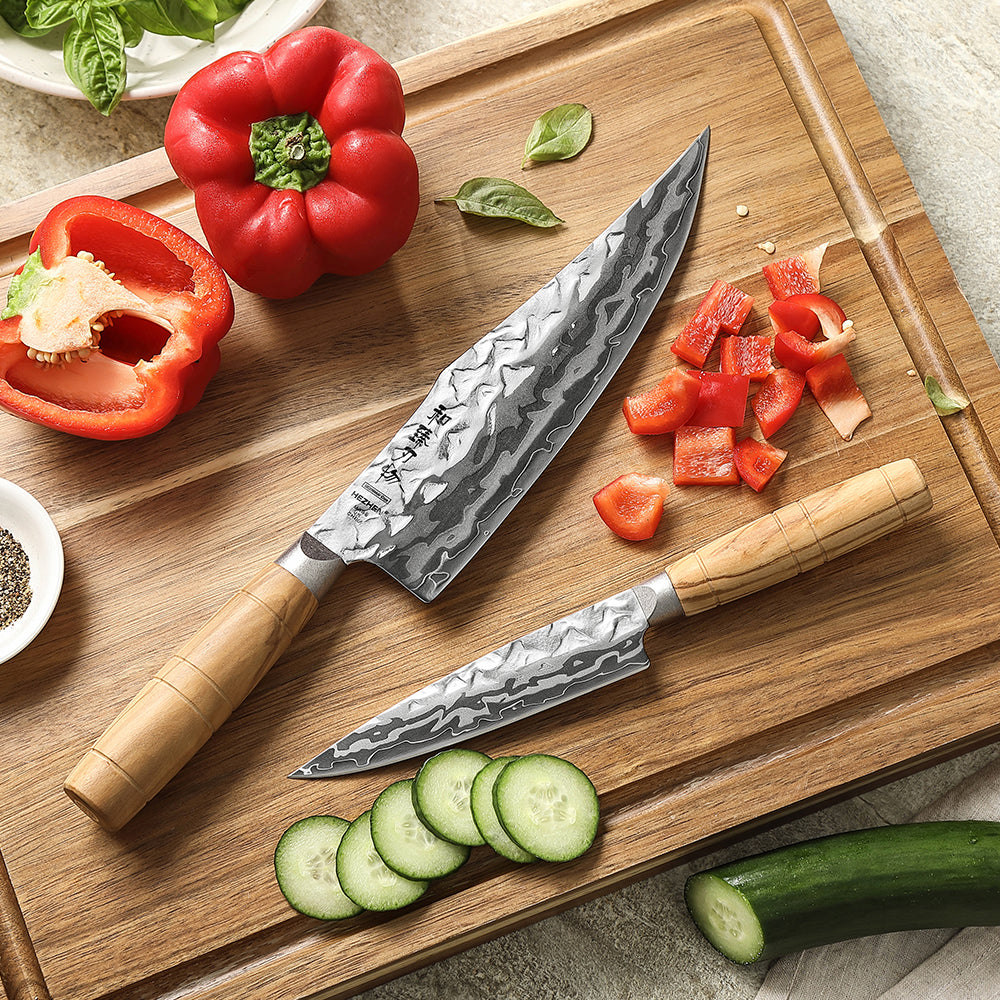 HEZHEN 2PCS Kitchen Knife Set, 9-Layer Forged Damascus Steel,W Chef & Utility Knife, 60±2HRC Ultra Sharp Blade