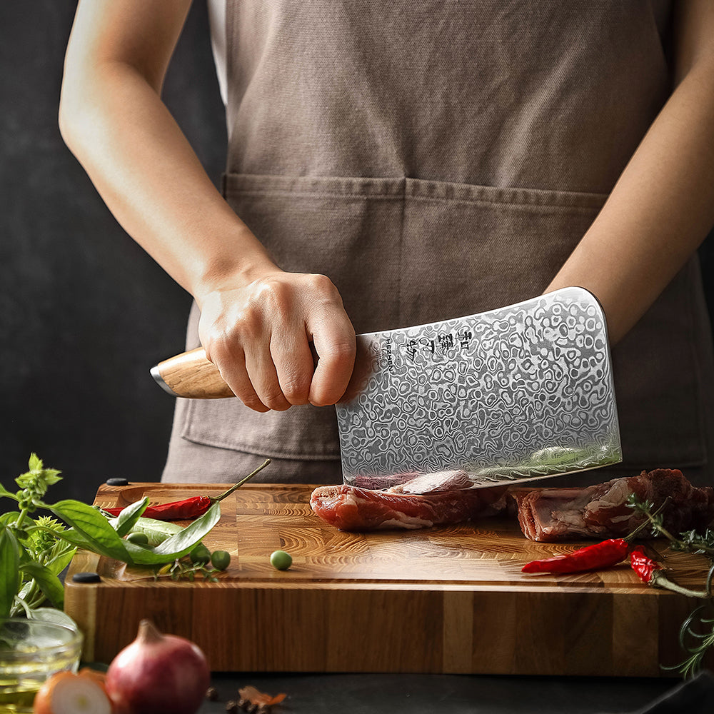 HEZHEN 7 Inches Bone Cleaver Knife, 73 Layers Damascus Powder Steel, Olive Wood Handle, Gift Ready-Flagship Series